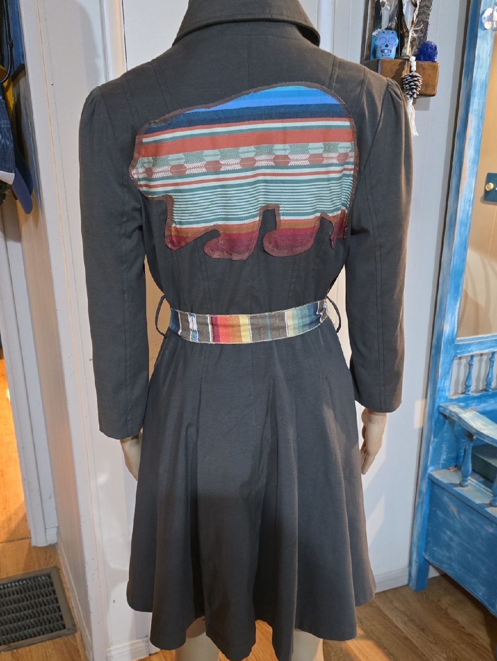Boho-Inspired Trench CoatDress with Multicolor Stripe Bear Patch